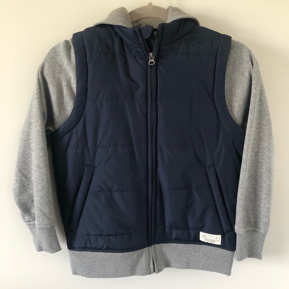 GAP Boys Jacket Puffer Vest Hoodie - 2 in 1 Fooler Zip Up Coat - Navy & Grey - Picture 5 of 7